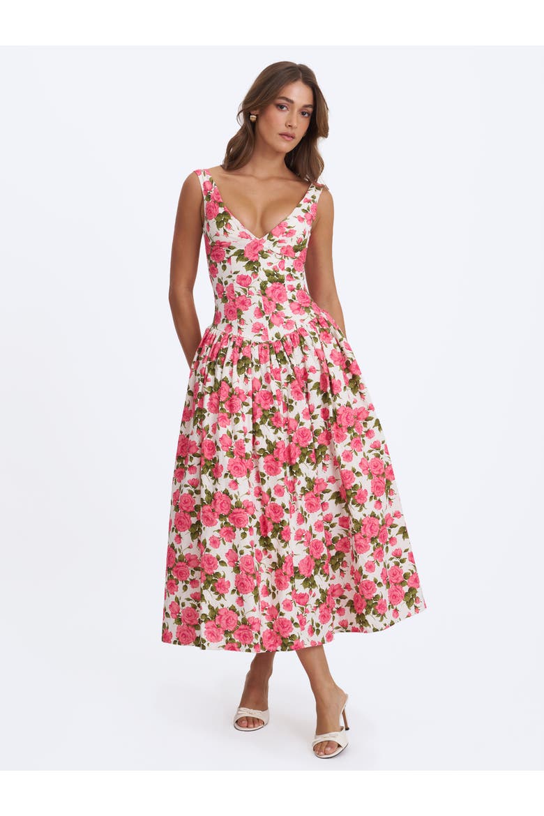 Wilfreda Blooming Floral Linen Sweetheart Midi Dress, Alternate, color, Pink