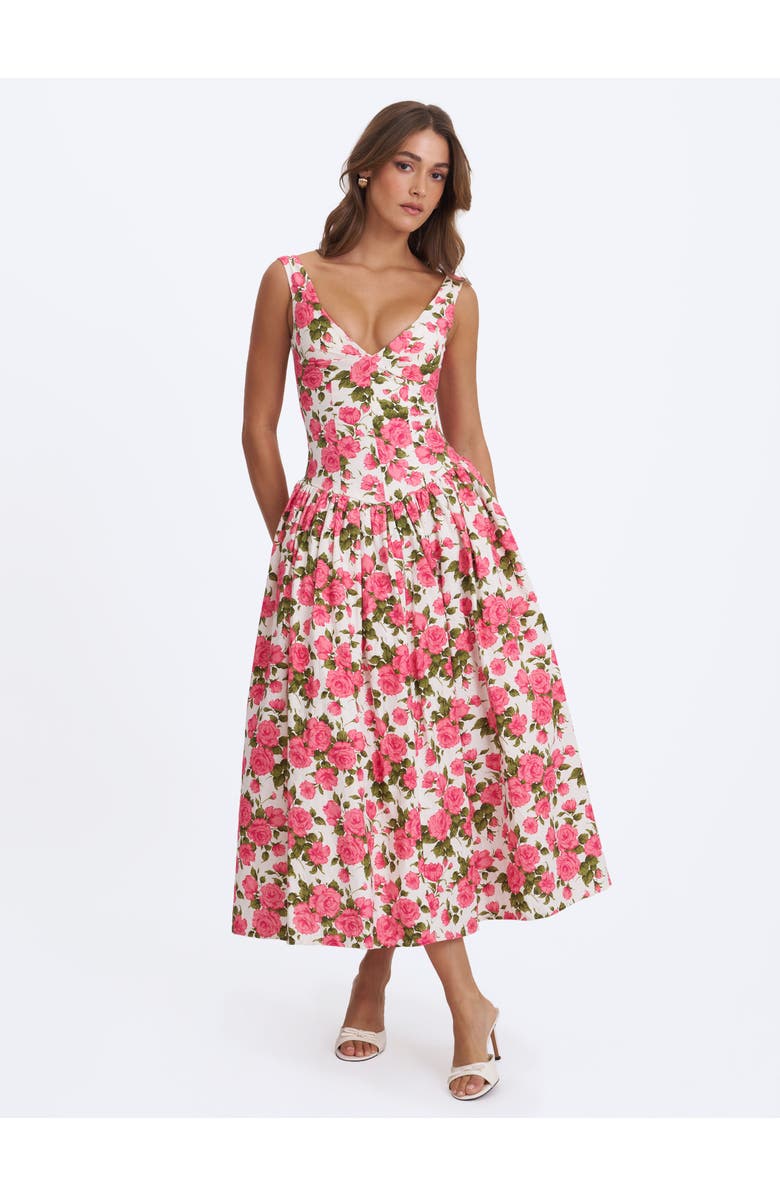 Miss Circle Wilfreda Blooming Floral Linen Sweetheart Midi Dress, Alternate, color, Pink