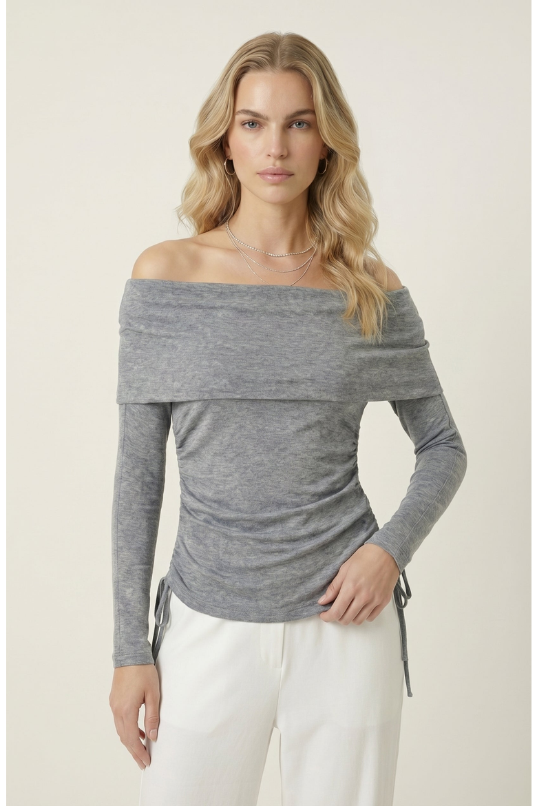 Off Shoulder Side Ruched Long Sleeve Top, Main, color, Heather Grey
