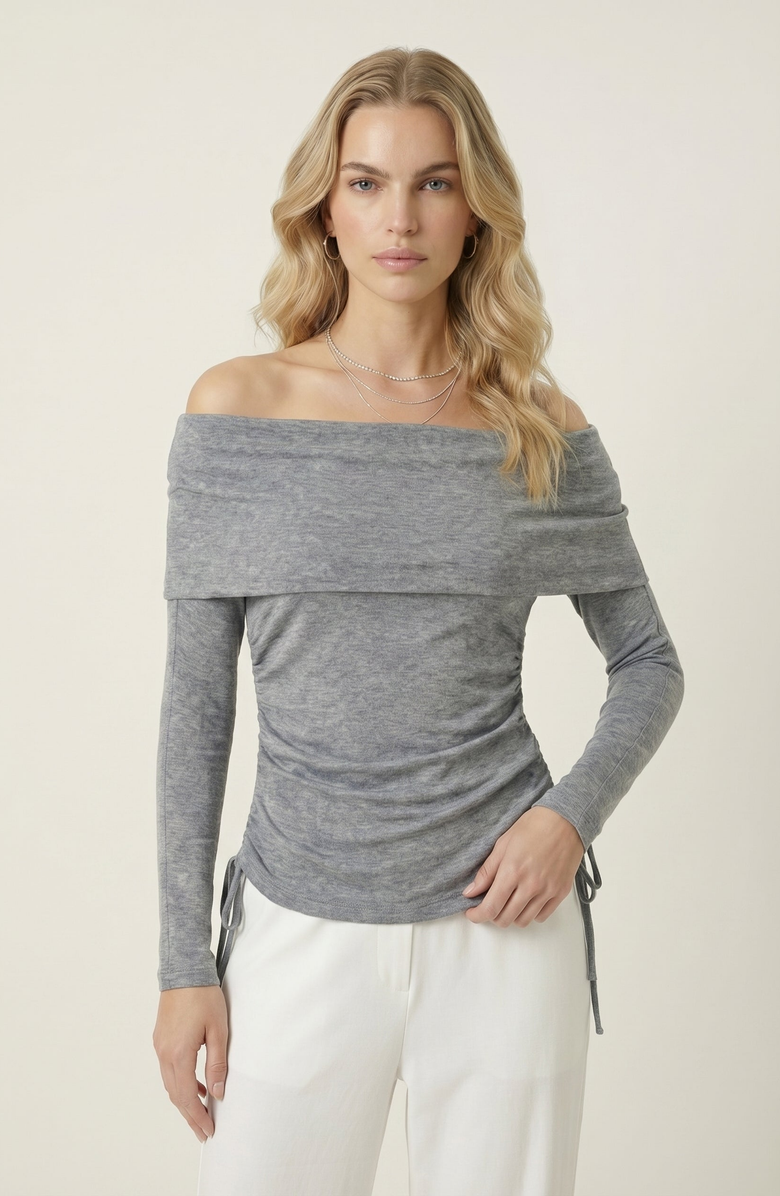 Modenaire Off Shoulder Side Ruched Long Sleeve Top, Main, color, Heather Grey