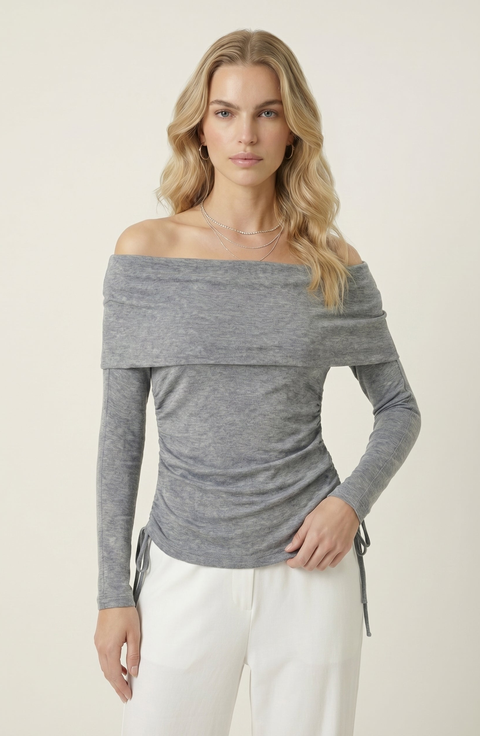 Off Shoulder Side Ruched Long Sleeve Top