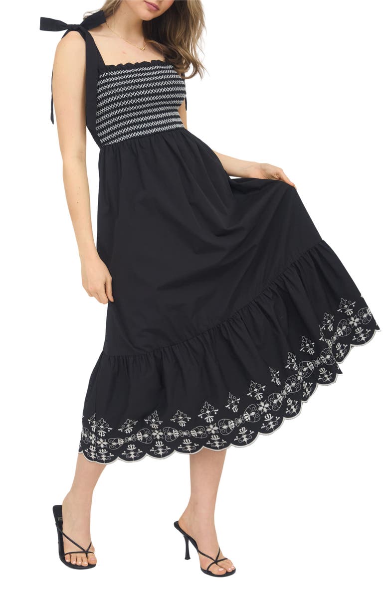 AUGUST SKY Embroidered Smocked Dress, Alternate, color, Black