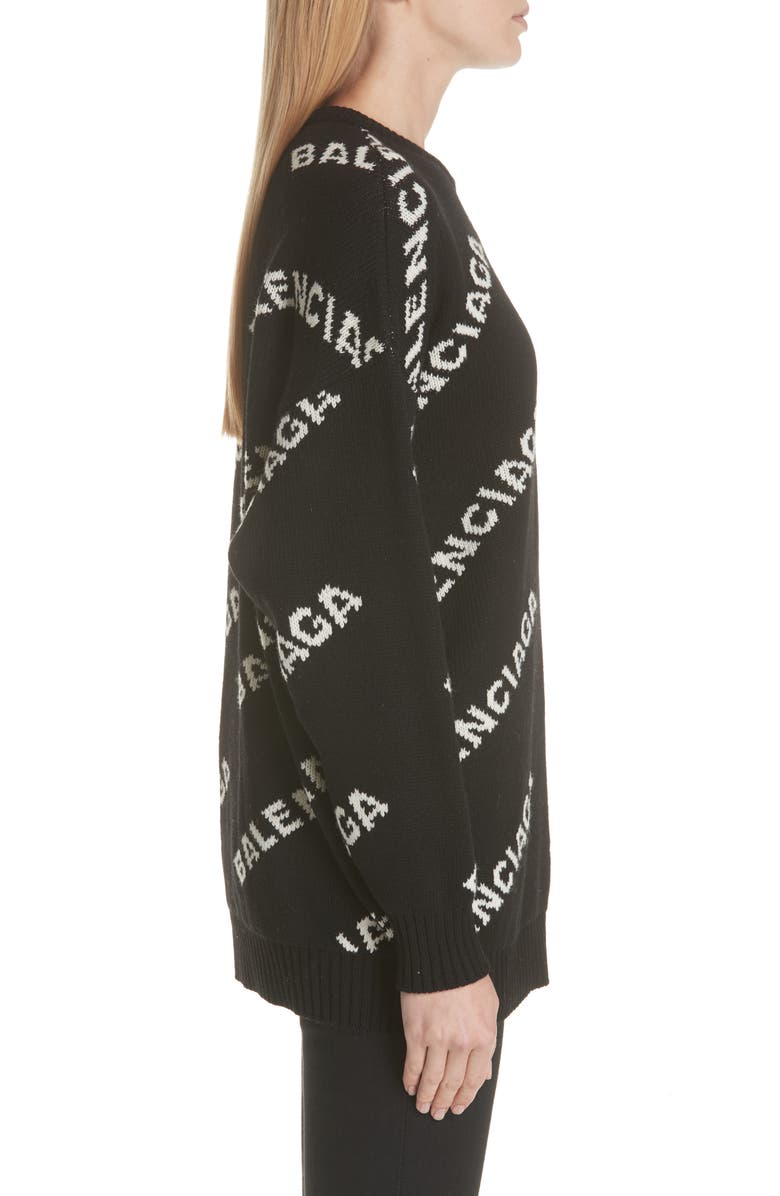 Balenciaga Logo Knit Wool Blend Sweater, Alternate, color, Black/ White