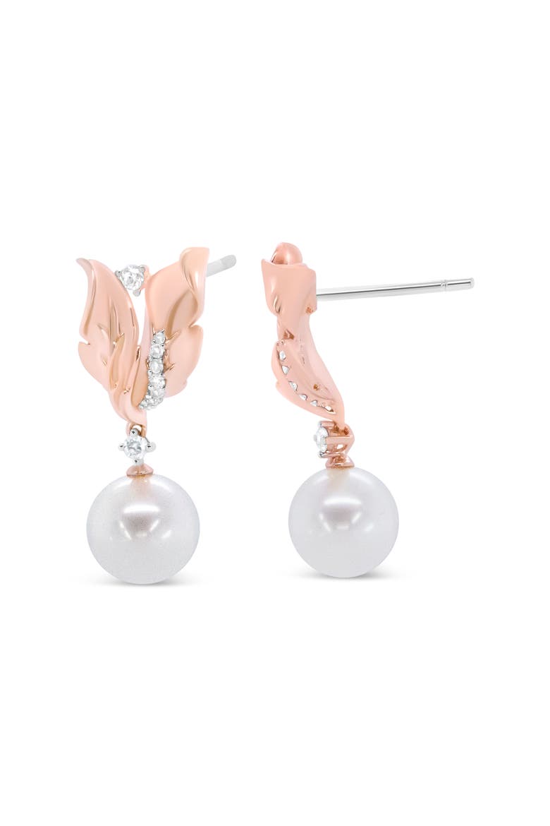 14K Rose Gold 1/6 Cttw Round Diamond and 8mm Round Pearl Floral Drop Stud Earrings, Alternate, color, Pink