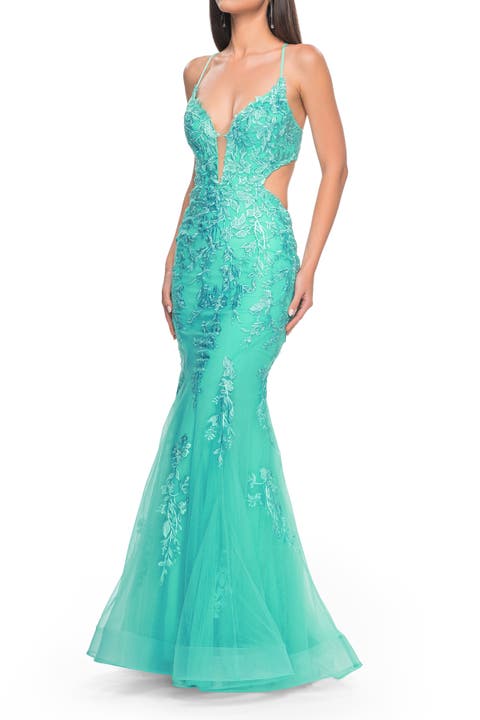 Lace and Tulle Mermaid Gown with Side Cut Outs