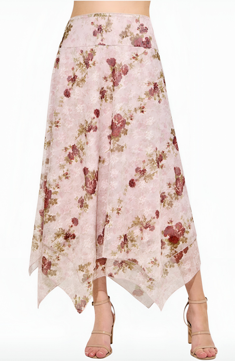 Modenaire Floral Handkerchief Hem Midi Skirt, Alternate, color,