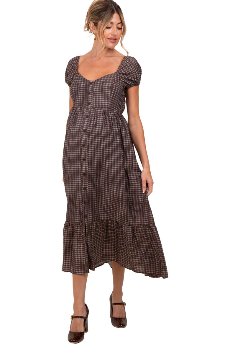 PinkBlush Plaid Puff Sleeve Button Down Maxi Dress, Main, color,