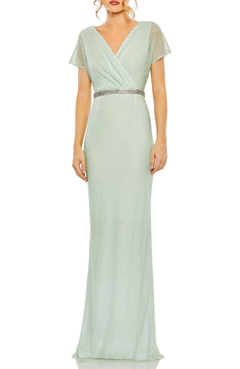 Mac Duggal Short Sleeve Beaded V-Neck Gown, Main, color, Sage