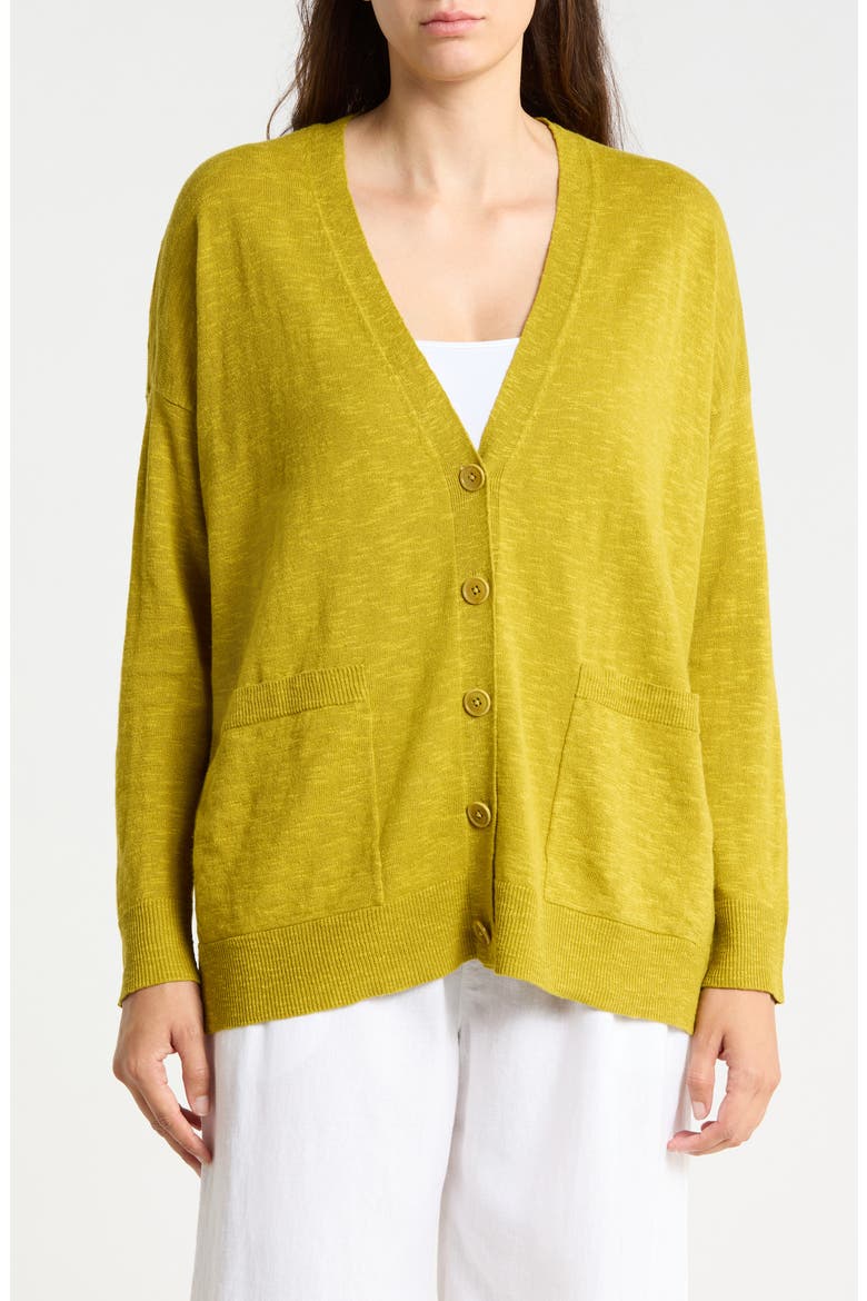 V-Neck Organic Linen & Organic Cotton Cardigan, Main, color, GOLDEN PEAR