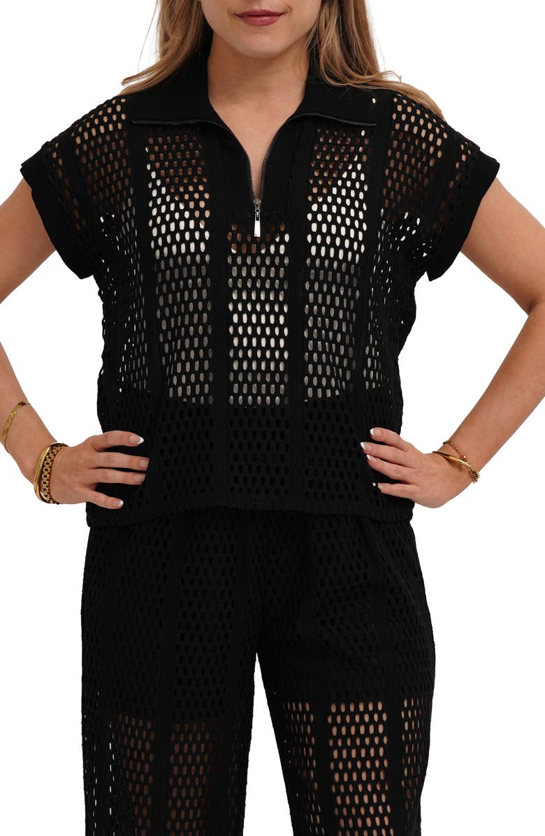 CYRUS <p>Open Stitch Knit Quarter Zip Top</p>, Main, color, Black