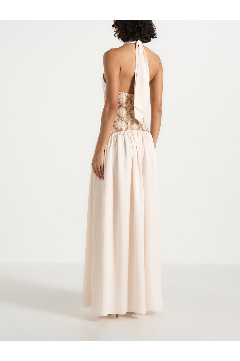 Ava Halterneck Embellished Corset Gathered Maxi Dress, Alternate, color, Cream