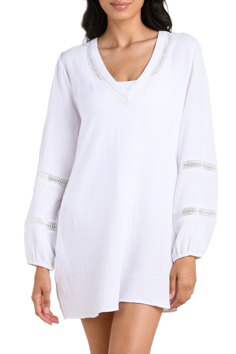 Seaside Lace Inset Long Sleeve Cotton Cover-Up Dress, Main, color, WHITE