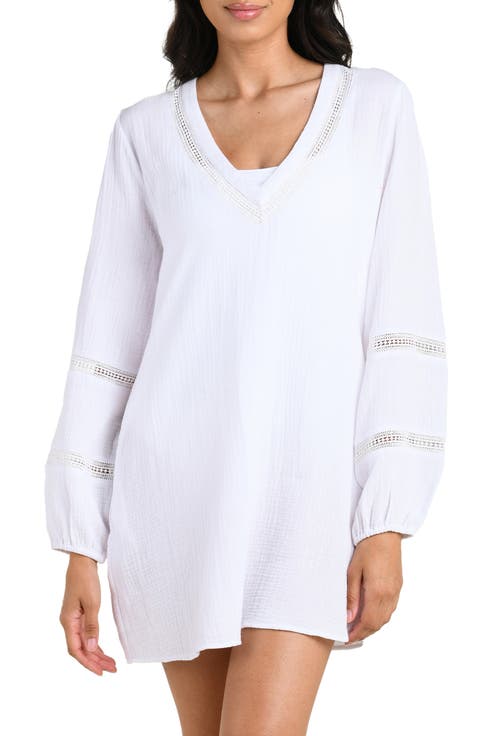 Seaside Lace Inset Long Sleeve Cotton Cover-Up Dress