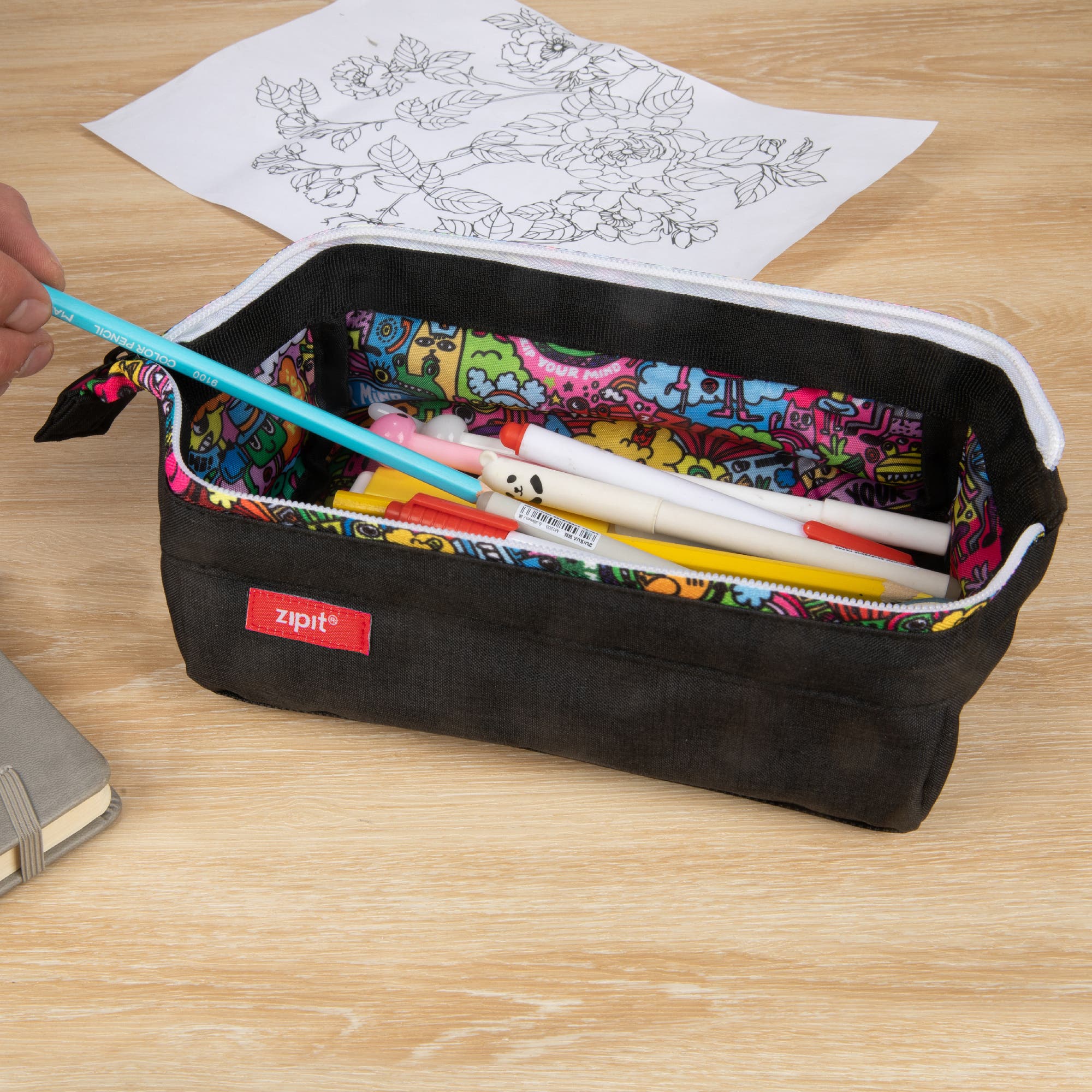 ZIPIT Lenny Pencil Case, Black & Doodles, Large Storage Capacity Zipper Pouch, Alternate, color, Black
