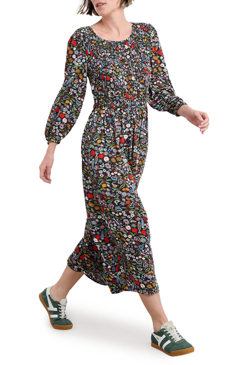 Seasalt Cornwall Meadowsweet Floral Smocked Long Sleeve Midi Dress, Alternate, color, Still Life Maritime