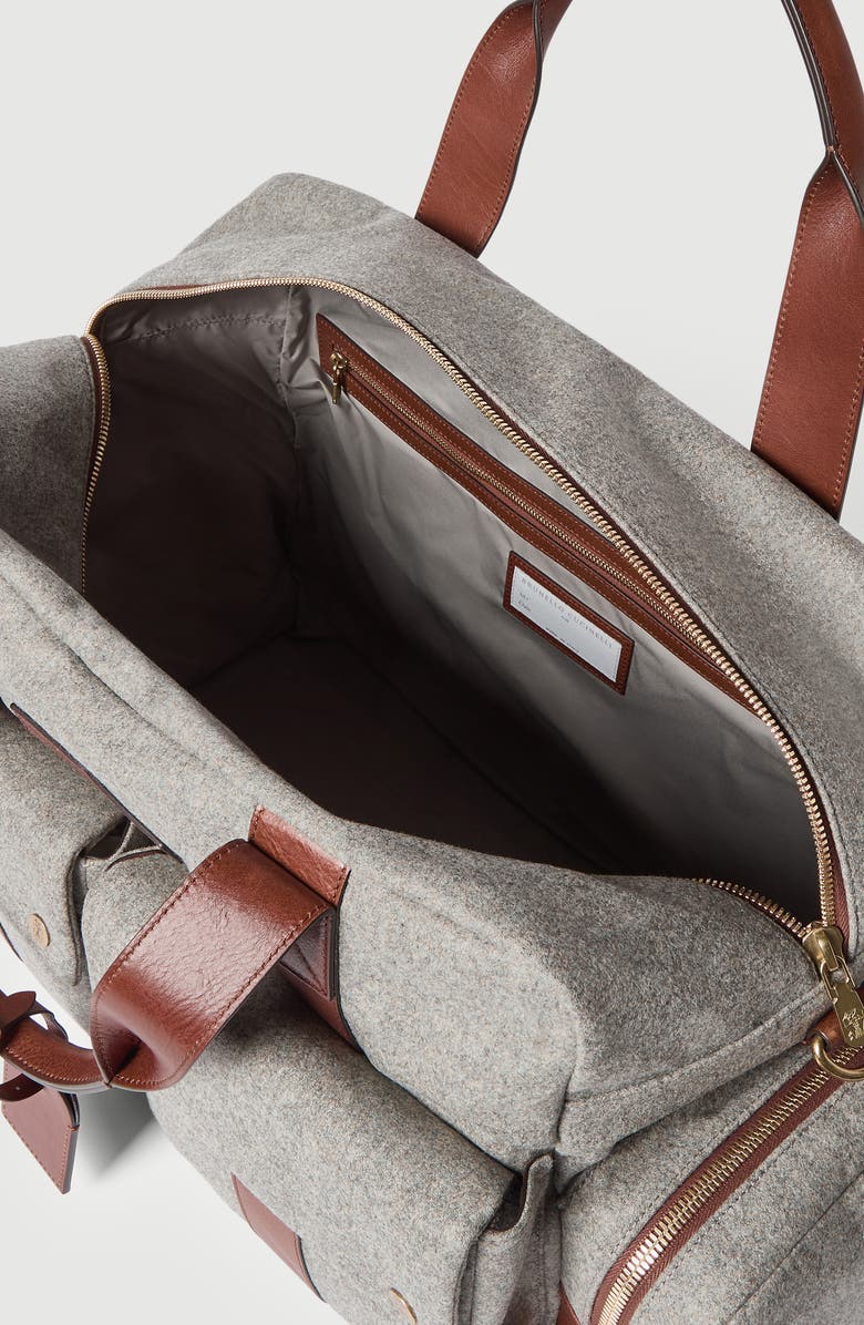 Brunello Cucinelli Virgin wool, alpaca and cashmere flannel leisure bag with grained calfskin inserts, Alternate, color, Medium Grey