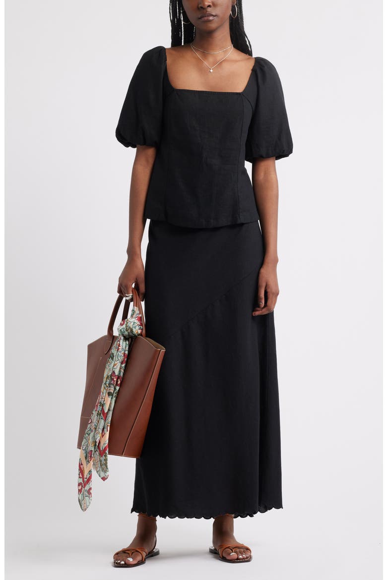 Tie Back Puff Sleeve Linen Blend Top, Alternate, color, BLACK