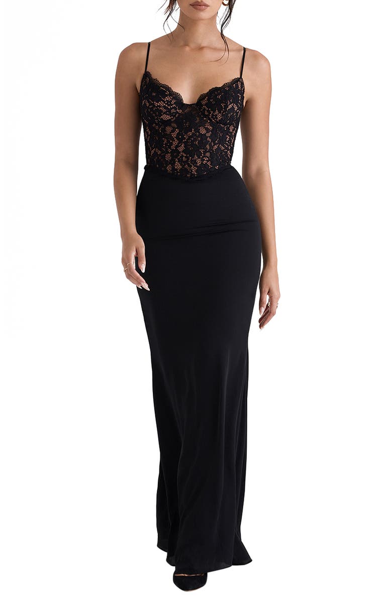 HOUSE OF CB Cara Corset Illusion Lace Underwire Cocktail Dress, Main, color, Black