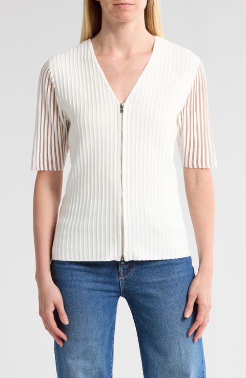 Short Sleeve Zip Front Ribbed Cardigan