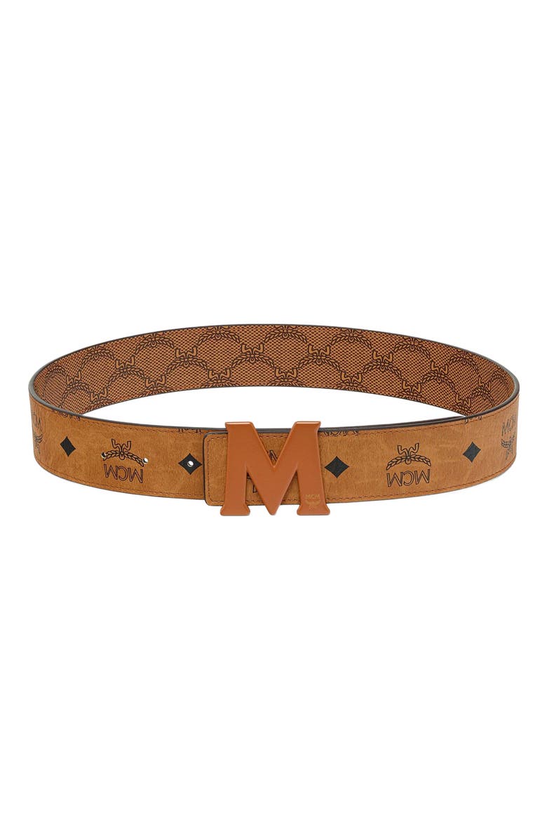 MCM Claus Reversible Monogram Belt, Main, color, Cognac
