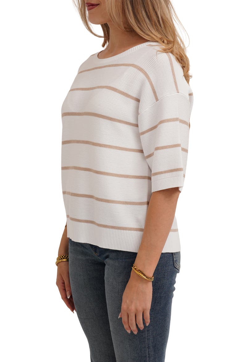 Striped Short Sleeve Sweater, Alternate, color, WHITE/ OATMEAL COOKIE HEATHER