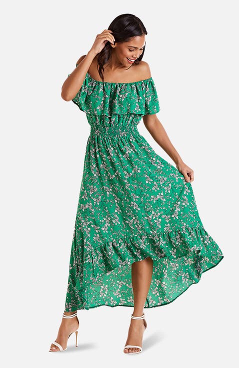 Floral Bardot Ruffled Hem Midi Dress