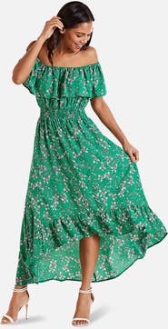 Yumi Floral Bardot Ruffled Hem Midi Dress