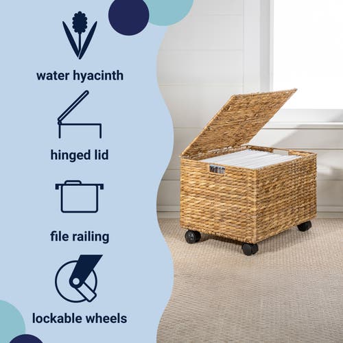 Happimess Ashton Classic Farmhouse Handwoven Hyacinth Rolling Filing Basket With Lid And 360 Degree In Natural