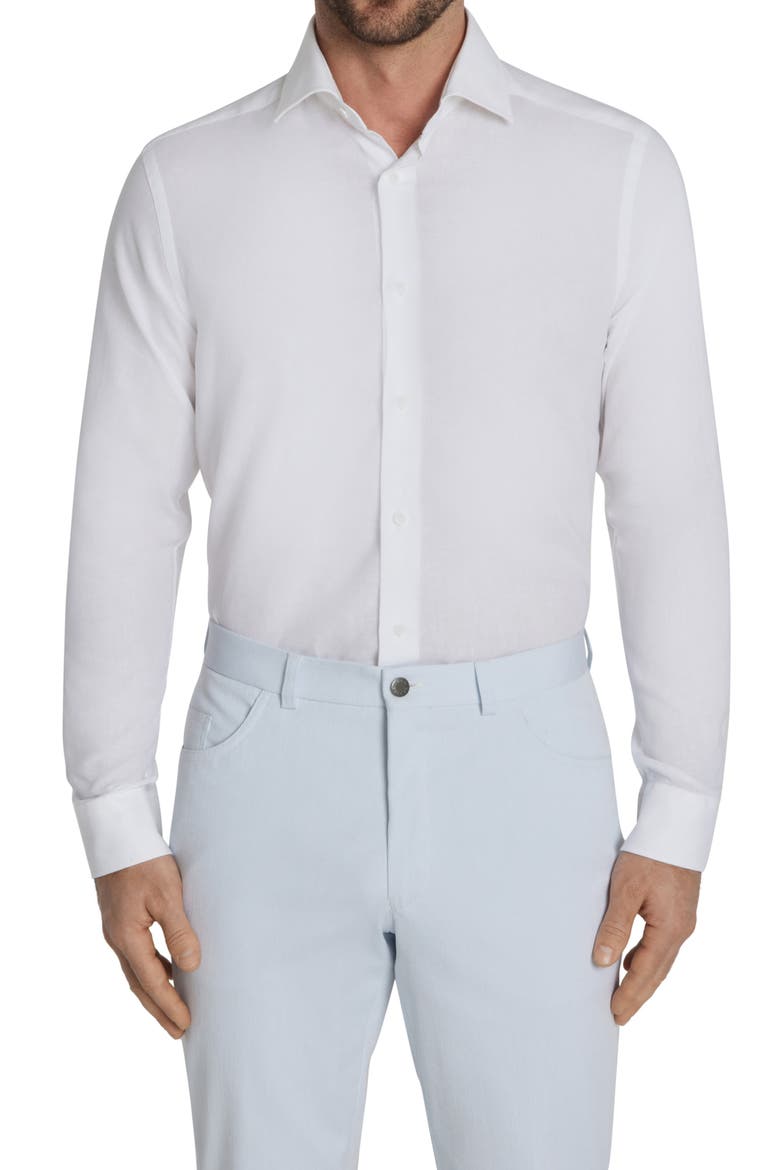 Clandeboye Contemporary Fit Solid Linen & Cotton Button-Up Shirt, Main, color, WHITE