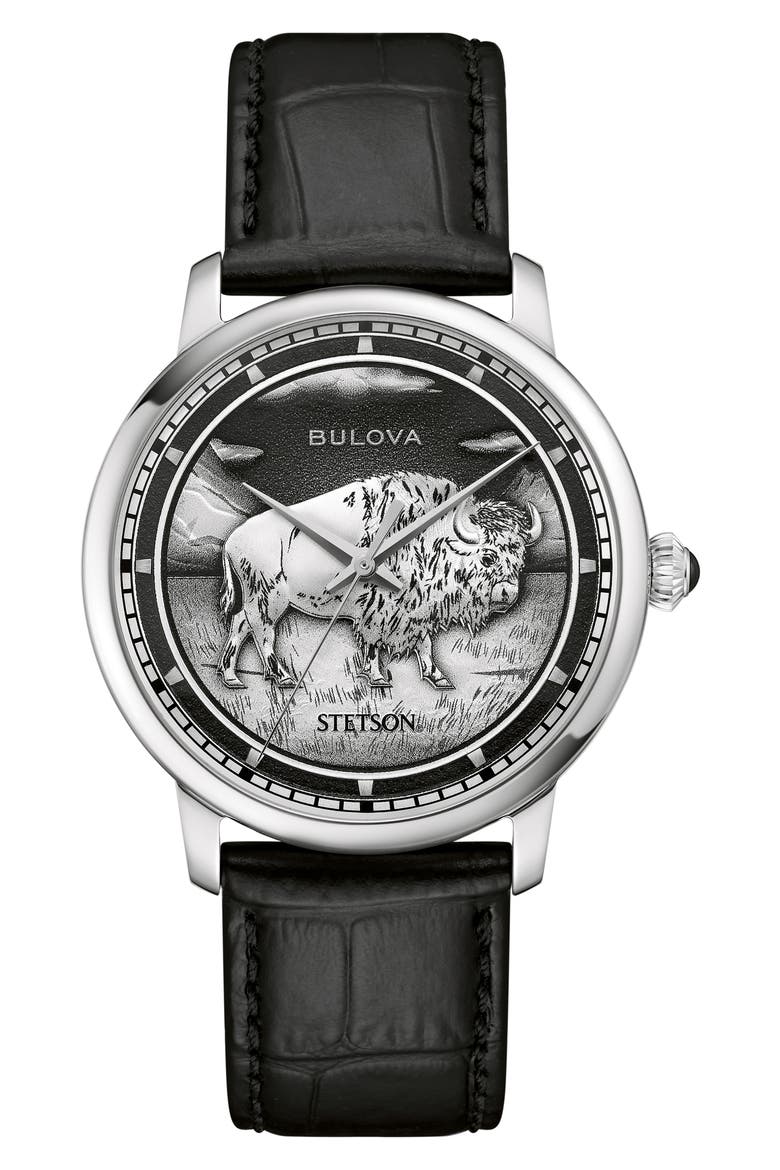 x Stetson Bison Automatic Leather Strap Watch, 39mm, Main, color, SILVER-TONE