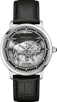 BULOVA x Stetson Bison Automatic Leather Strap Watch, 39mm