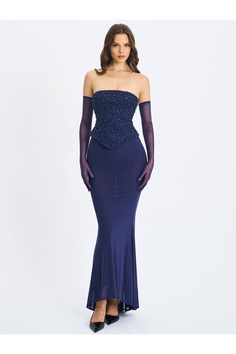 Orabelle Beaded Peplum Mermaid Gown with Lace-up Back, Main, color, Navy Blue