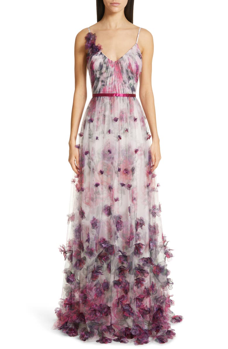 Marchesa Notte 3D Floral Tulle Evening Dress, Main, color, 