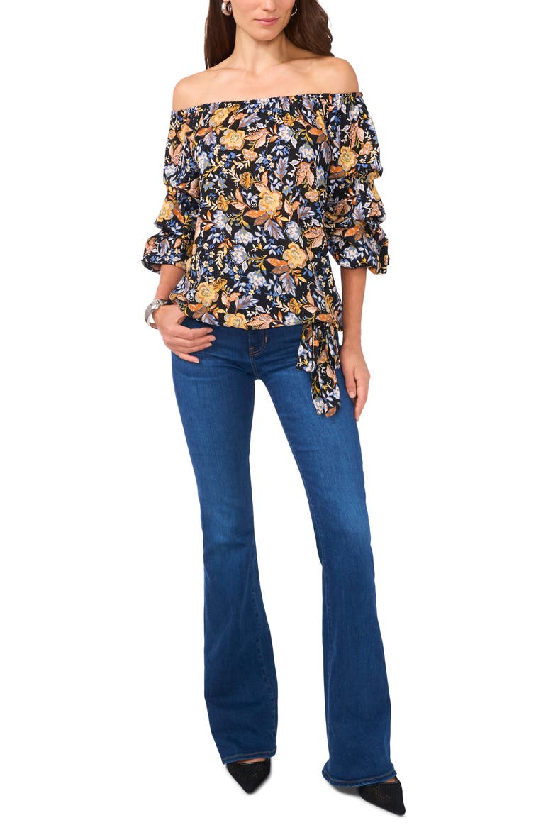 Floral Off the Shoulder Bubble Sleeve Top, Alternate, color, RICH BLACK