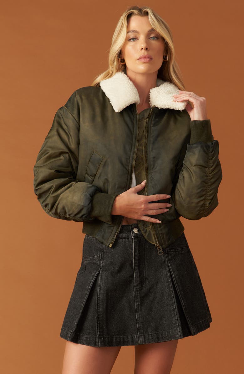FLYING TOMATO In a Trance Faux Shearling Collar Bomber Jacket, Alternate, color, Olive
