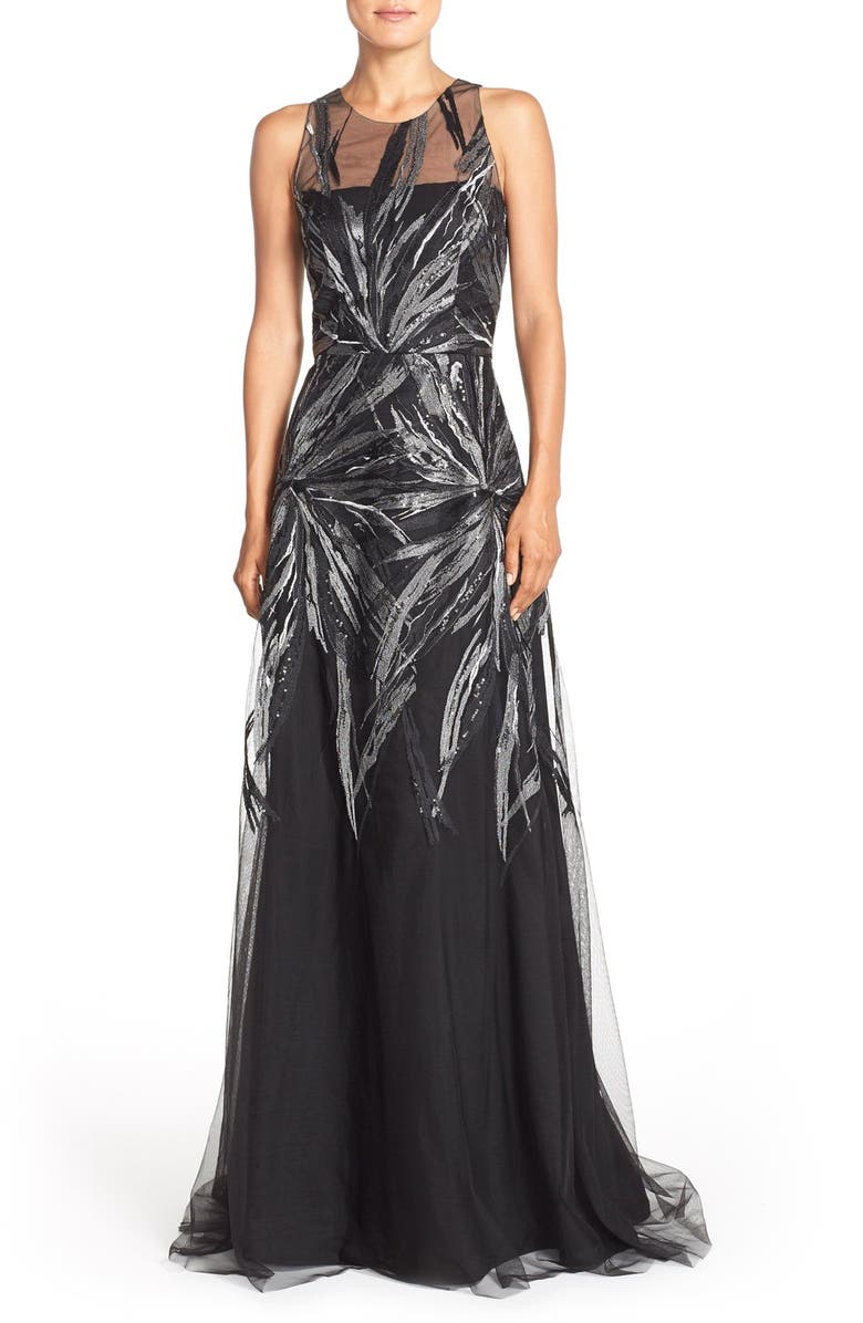 David Meister Sequin Embroidered Mesh Fit & Flare Gown, Main, color, 