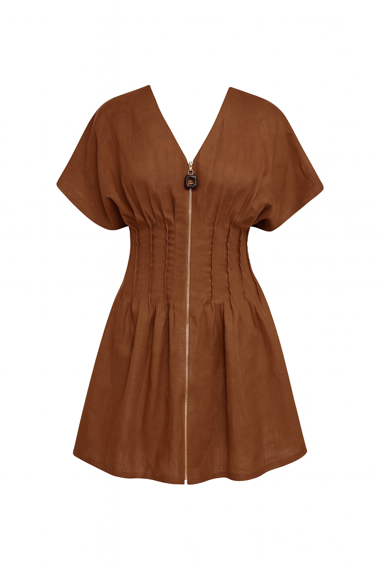 Short Sleeve Linen Mini Dress, Alternate, color, Brown