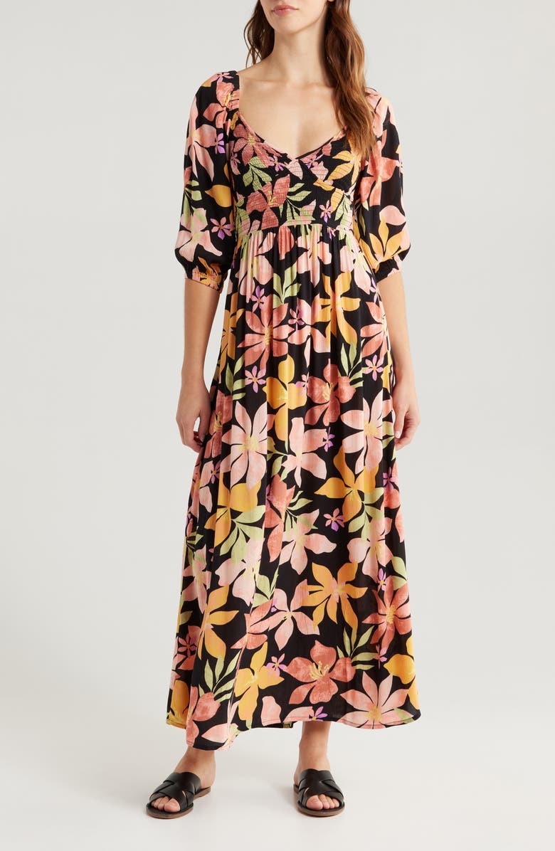 Billabong Wish Me Luck Floral Smocked Midi Dress, Main, color, Kiss The Earth