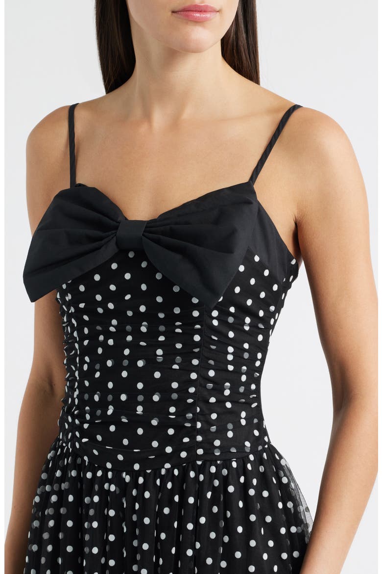Bow Polka Dot Mesh Fit & Flare Midi Dress, Alternate, color, BLACK