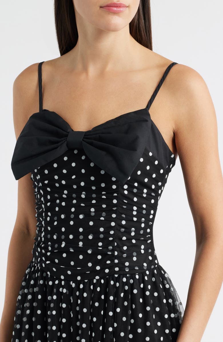 MOON RIVER Bow Polka Dot Mesh Fit & Flare Midi Dress, Alternate, color, Black