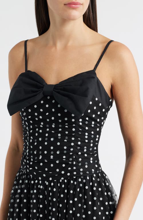 Moon River Bow Polka Dot Mesh Fit & Flare Midi Dress In Black
