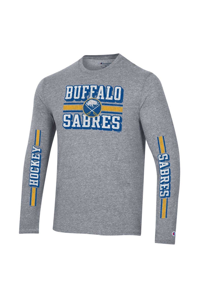 Men's Champion Heather Gray Buffalo Sabres Tri-Blend Dual-Stripe Long Sleeve T-Shirt, Alternate, color, Heather Gray
