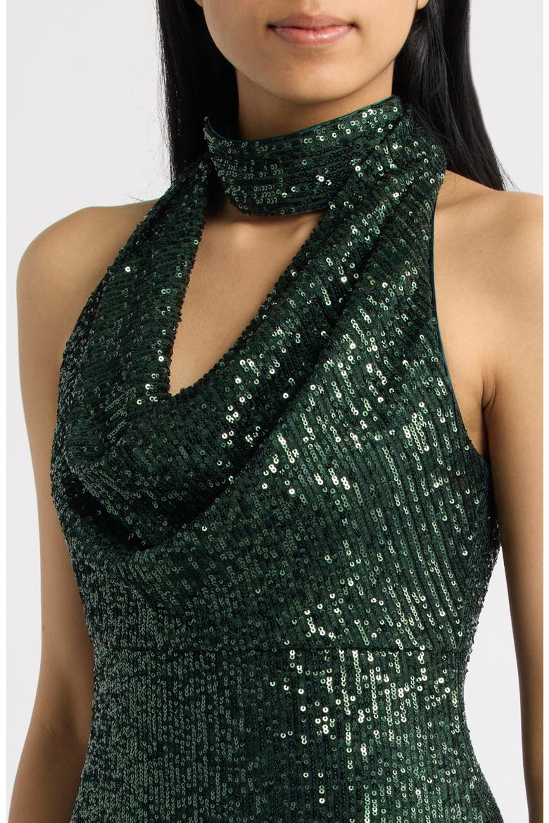 Sequin Choker Cowl Neck Gown, Alternate, color, EMERALD