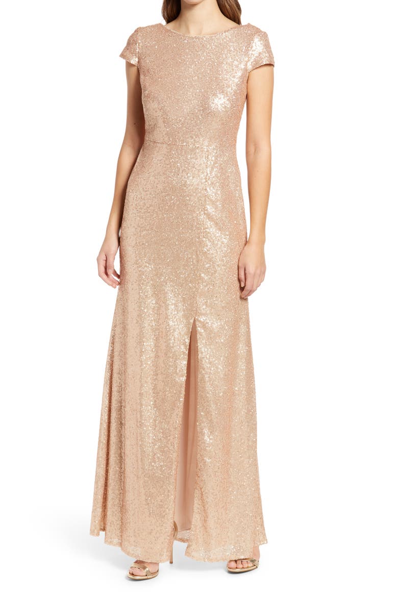 Elle Cap Sleeve Sequin Gown, Main, color, ROSE GOLD