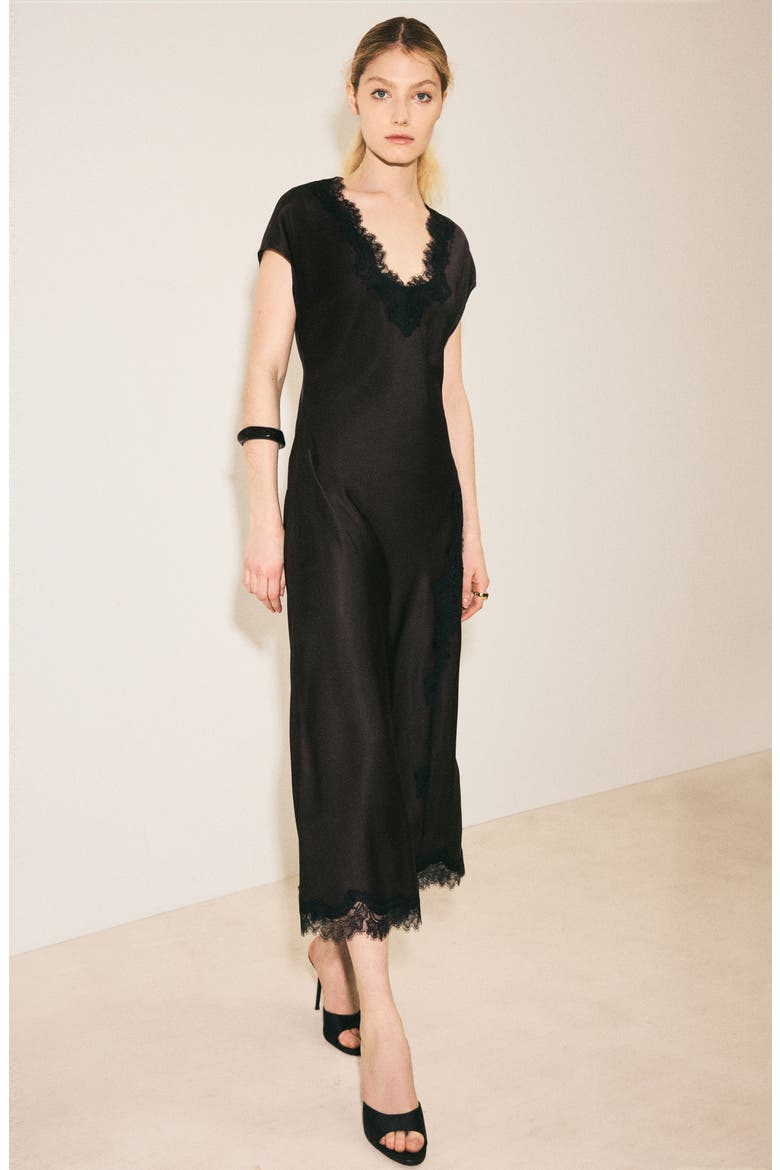 Lace Trim Satin Maxi Dress, Alternate, color, BROWN