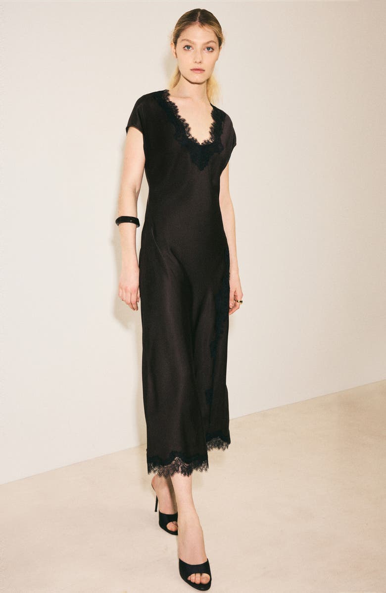 MANGO Lace Trim Satin Maxi Dress, Alternate, color, Brown