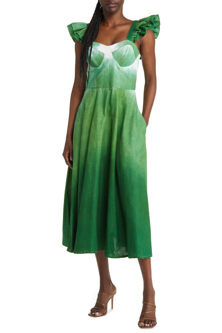 Binsa Ombré Ruffle Cotton Midi Dress, Main, color, GREEN OMBRE