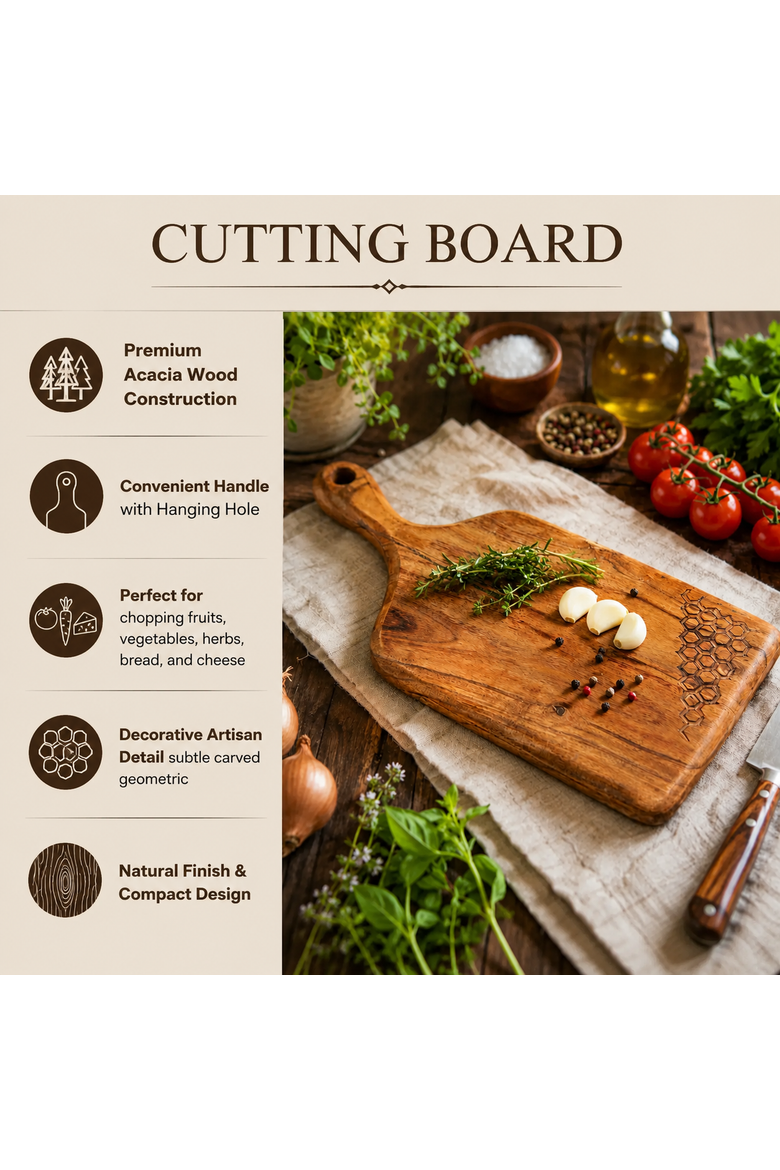 Acacia Wood Handcrafted Chopping Board with Handle, Alternate, color, Natural Wood
