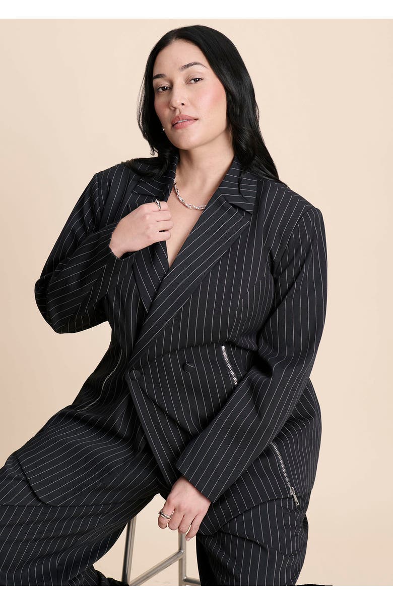 ELOQUII Zip Hem Pinstripe Blazer, Alternate, color, Black And White