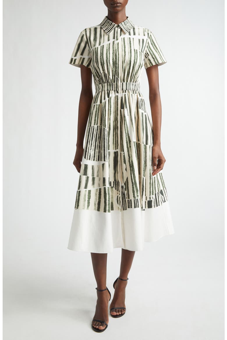 Stripe Collage Stretch Cotton Midi Shirtdress, Main, color, PLASTER/ HUNTER GREEN
